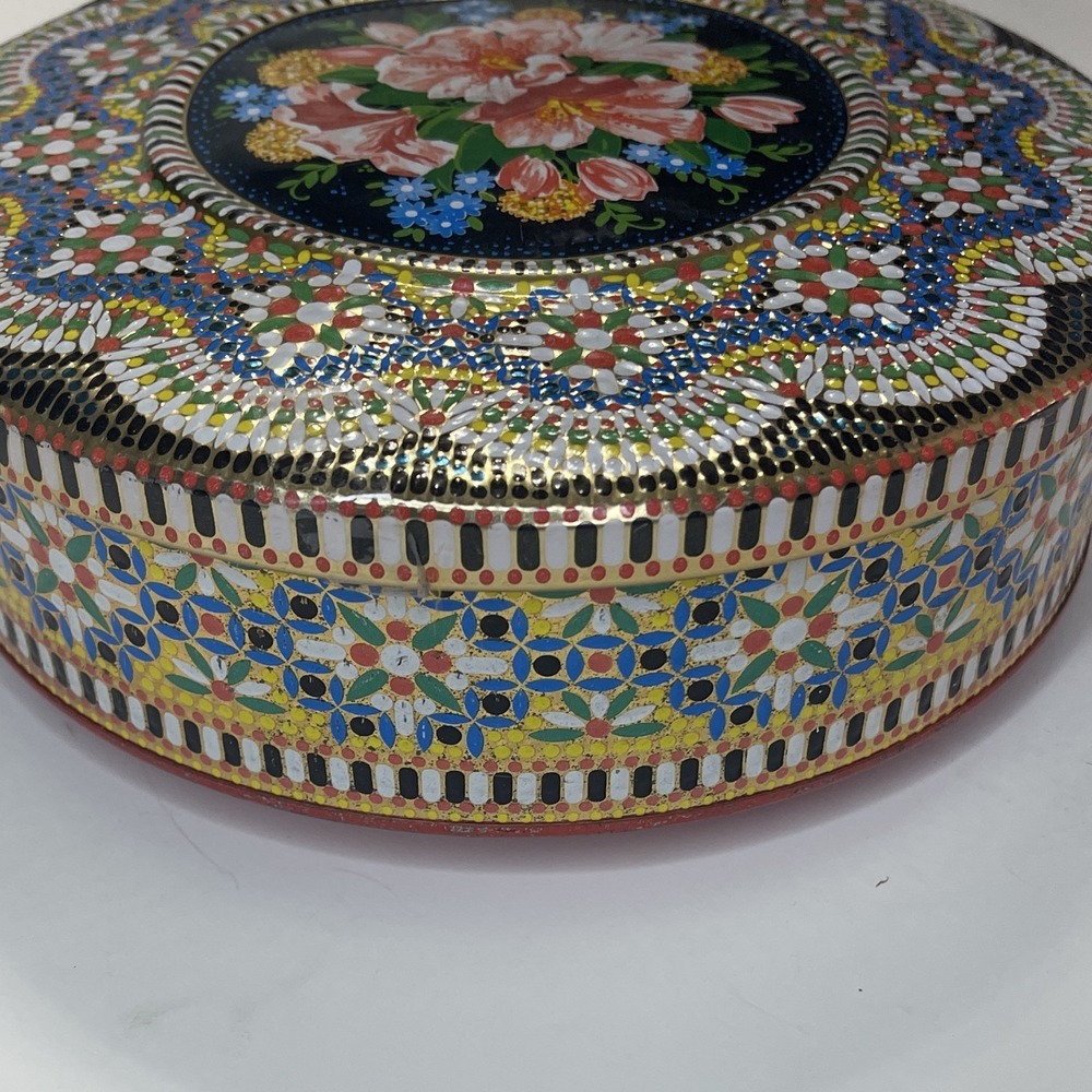 Round Floral Multicolor Metal Tin with Lid, Textured Finish Decorative Box